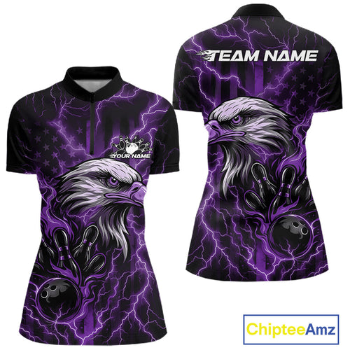 Custom Purple Lightning Flame Eagle Women Bowling Shirt, Patriotic US Team Shirt IPHW10175