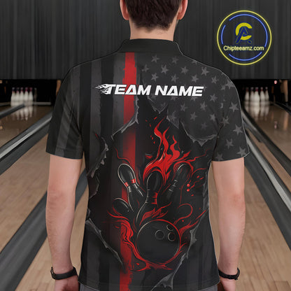 Custom Red Thin Line American Flag Patriotic Flame Bowling Team Men Polo Shirts IPHW10179