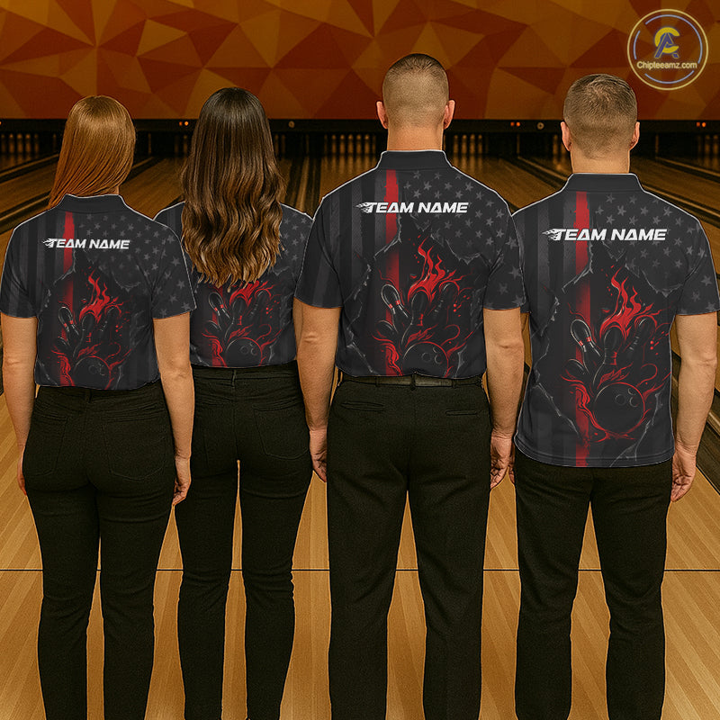 Custom Red Thin Line American Flag Patriotic Flame Bowling Team Men Polo Shirts IPHW10179