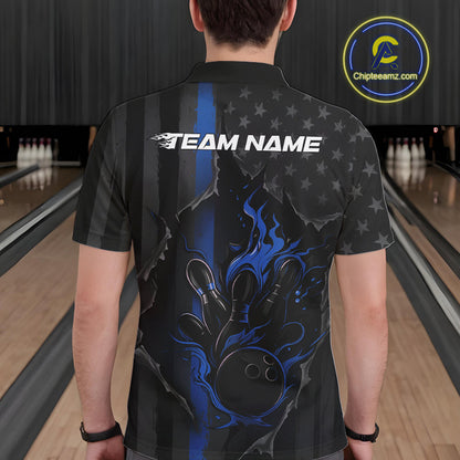 Custom Blue Thin Line American Flag Patriotic Flame Bowling Team Men Polo Shirts IPHW10180