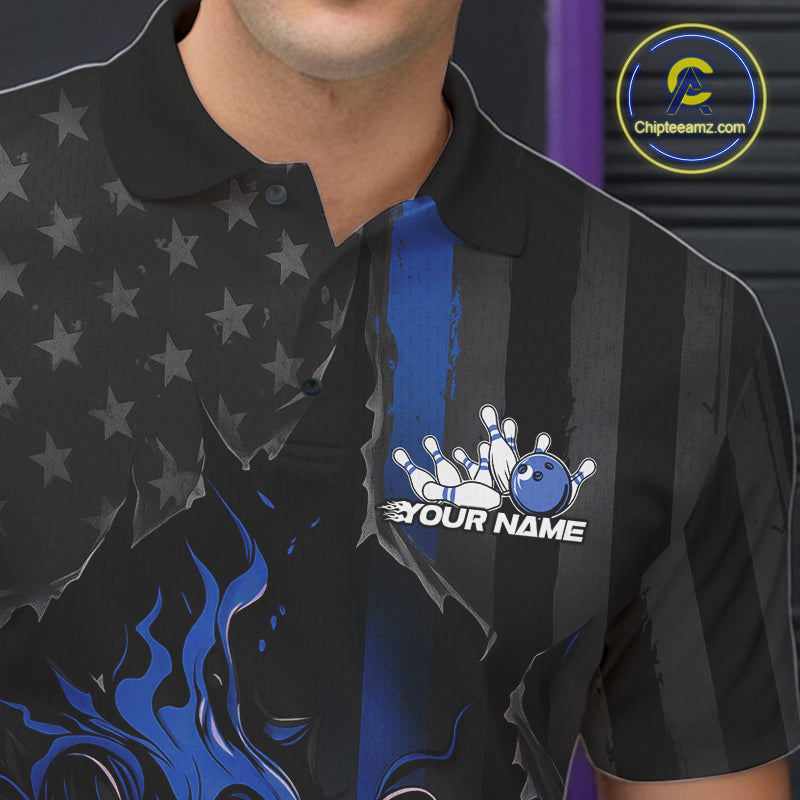 Custom Blue Thin Line American Flag Patriotic Flame Bowling Team Men Polo Shirts IPHW10180