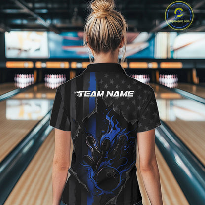 Custom Blue Thin Line American Flag Patriotic Flame Women Bowling Team Shirts IPHW10180