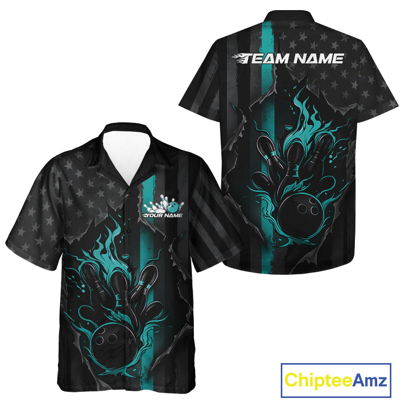 Custom Turquoise Blue Thin Line American Flag Patriotic Flame Bowling Team Men And Women Hawaiian Shirt IPHW10181