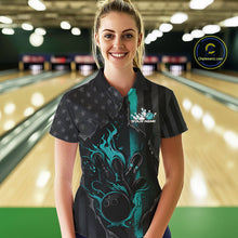 Load image into Gallery viewer, Custom Turquoise Blue Thin Line American Flag Patriotic Flame Bowling Women Polo Shirts IPHW10181