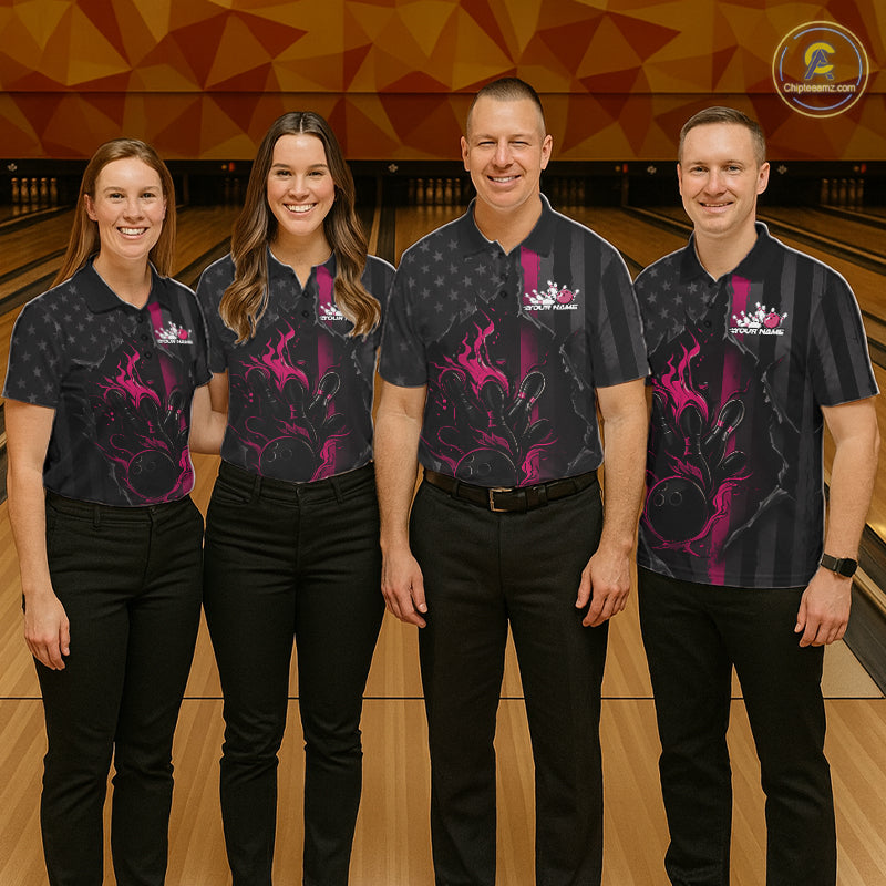 Custom Pink Thin Line American Flag Patriotic Flame Bowling Team Men Polo Shirts IPHW10182