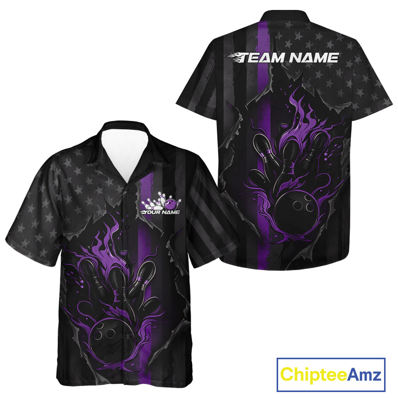 Custom Purple Thin Line American Flag Patriotic Flame Bowling Team Men And Women Hawaiian Shirts IPHW10183
