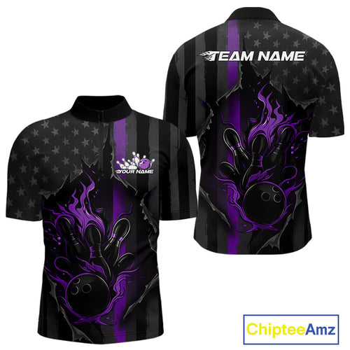 Custom Purple Thin Line American Flag Patriotic Flame Bowling Team Men Quarter-Zip Shirts IPHW10183