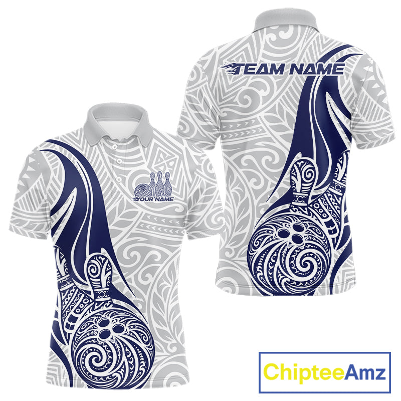 Custom Blue Polynesian Tribal Bowling Men Polo Shirt, Maori Style Bowling Shirt IPHW10338