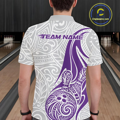 Custom Purple Polynesian Tribal Bowling Men Polo Shirt, Maori Style Bowling Shirt IPHW10339