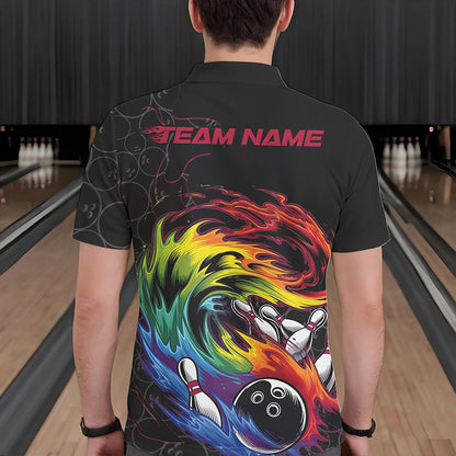 Custom Rainbow Flame Bowling Team Polo Shirts For Men, Colorful Bowling League Shirt IPHW8740