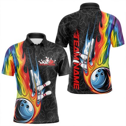 Custom Rainbow Flame Bowling Team Polo Shirts For Men, Colorful Bowling League Shirt IPHW8747