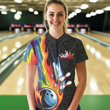 Load image into Gallery viewer, Custom Rainbow Flame Bowling Team Women Quarter-Zip Shirts, Colorful Bowling League Shirt IPHW8747