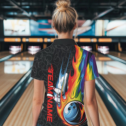 Custom Rainbow Flame Bowling Team Women Quarter-Zip Shirts, Colorful Bowling League Shirt IPHW8747