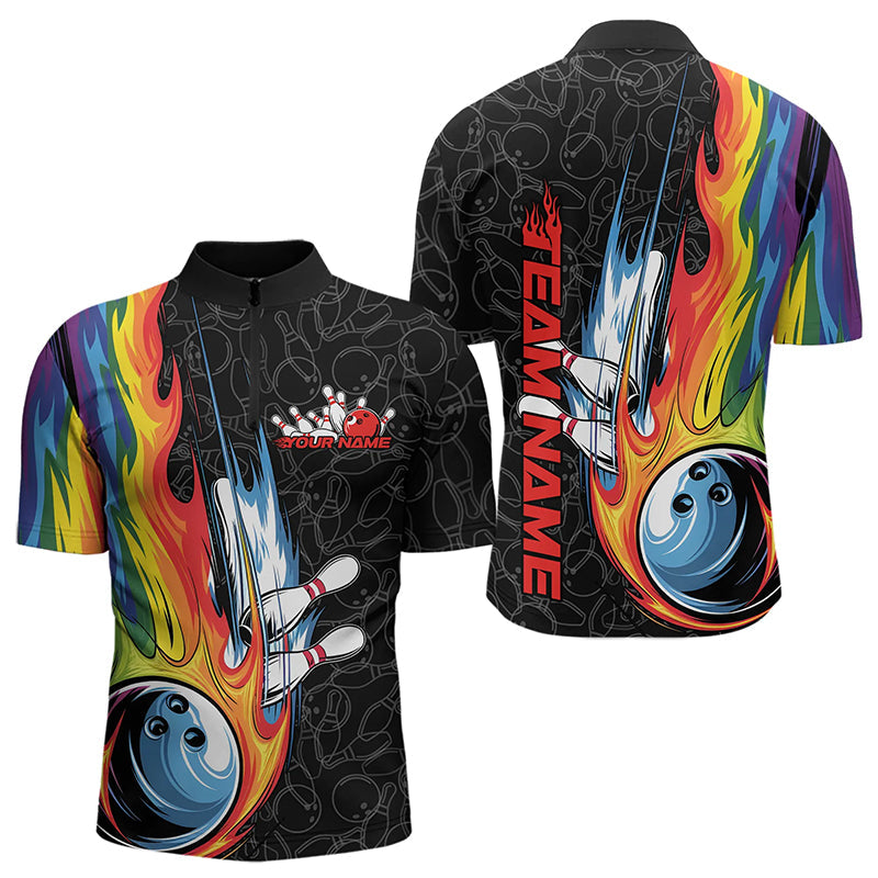 Custom Rainbow Flame Bowling Team Quarter-Zip Shirts For Men, Colorful Bowling League Shirt IPHW8747