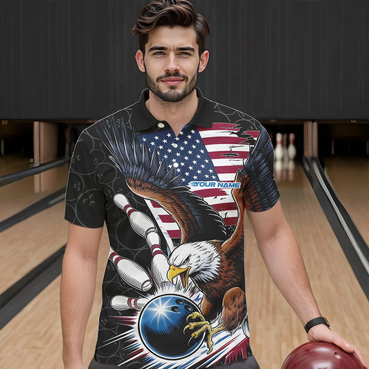 Custom American Flag Eagle Bowling Team Men Polo Shirts, Patriotic US Bowling League Shirt IPHW8752