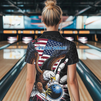Custom American Flag Eagle Bowling Team Women Quarter-Zip Shirts, US Bowling League Shirt IPHW8752