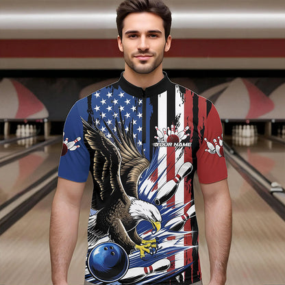 Custom American Flag Eagle Bowling Team Men Quarter-Zip Shirts, Patriotic US Bowling League Shirt IPHW8753