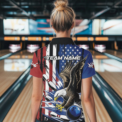 Custom American Flag Eagle Bowling Team Women Quarter-Zip Shirts, US Bowling League Shirt IPHW8753