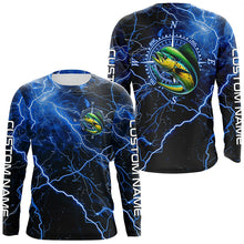 Load image into Gallery viewer, Black And Blue Thunder Lightning Mahi Mahi Fishing Custom Long Sleeve Saltwater Fishing Shirts IPHW6250