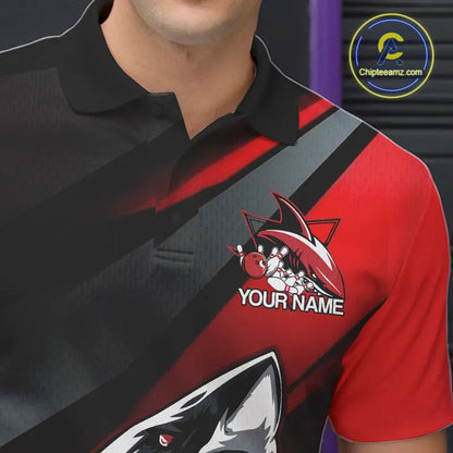Custom Black And Red Shark Bowling Jerseys, Bowling Team Uniform Shark Men Polo Shirts IPHW8999