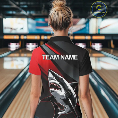 Custom Black And Red Shark Bowling Jerseys, Bowling Team Uniform Shark Women Polo Shirts IPHW8999