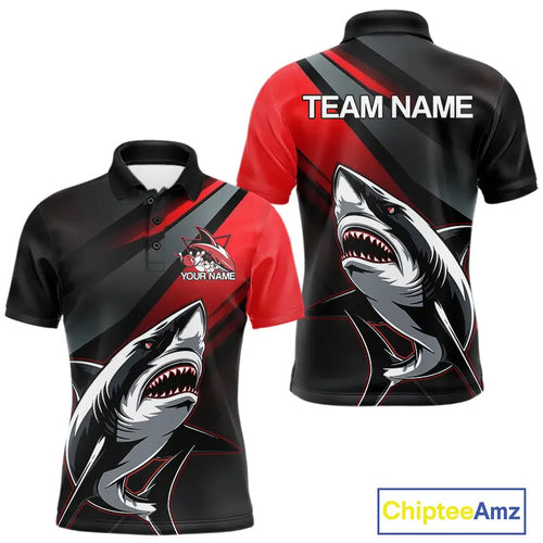 Custom Black And Red Shark Bowling Jerseys, Bowling Team Uniform Shark Men Polo Shirts IPHW8999