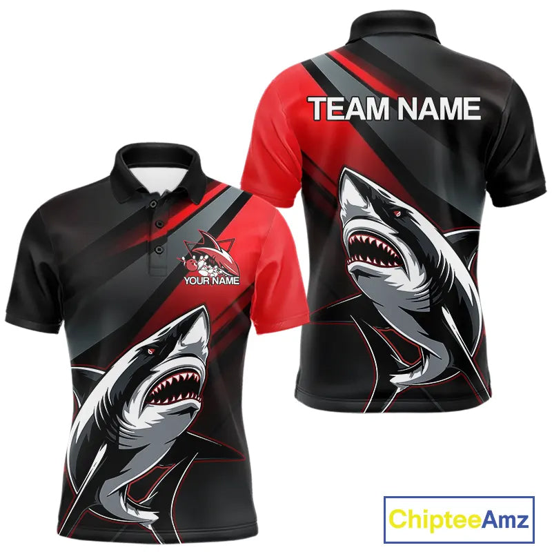Custom Black And Red Shark Bowling Jerseys, Bowling Team Uniform Shark Men Polo Shirts IPHW8999