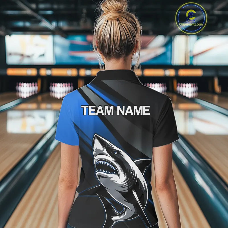 Custom Black And Blue Shark Bowling Jersey, Bowling Uniform Shark Women Quarter-Zip Shirt IPHW9000