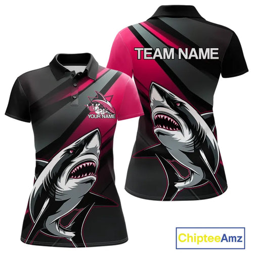 Custom Black And Pink Shark Bowling Jerseys, Bowling Team Uniform Shark Women Polo Shirts IPHW9001