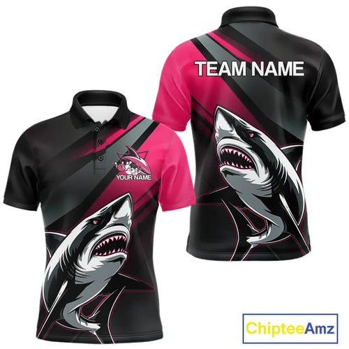 Custom Black And Pink Shark Bowling Jerseys, Bowling Team Uniform Shark Men Polo Shirts IPHW9001
