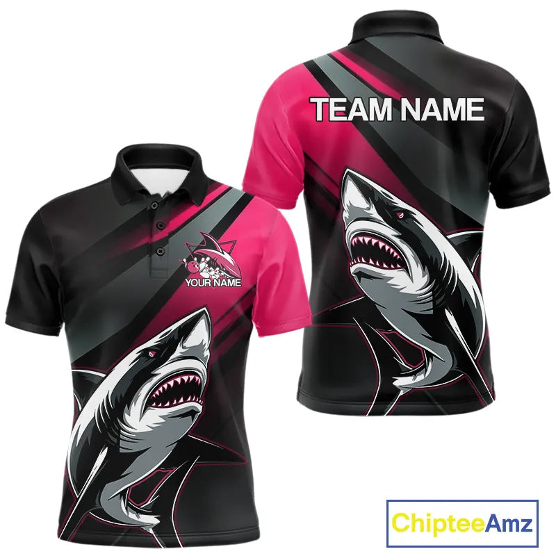 Custom Black And Pink Shark Bowling Jerseys, Bowling Team Uniform Shark Men Polo Shirts IPHW9001