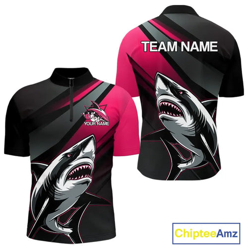 Custom Black And Pink Shark Bowling Jerseys, Bowling Team Uniform Shark Men Quarter-Zip Shirts IPHW9001