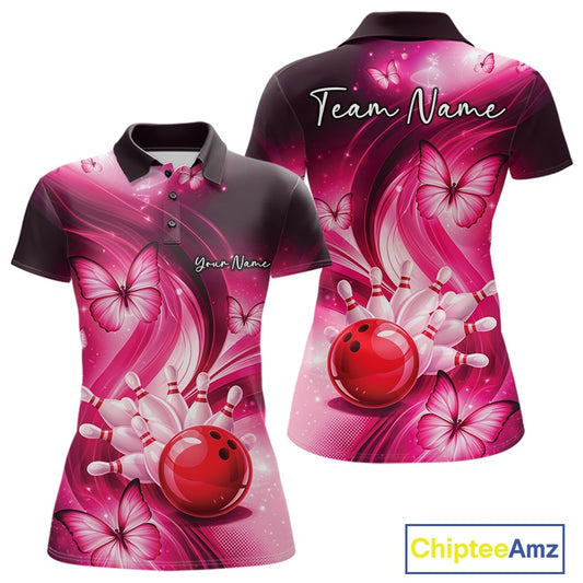 Front and back womens pink bowling polo mockup featuring a bowling ball striking pins with butterfly details.