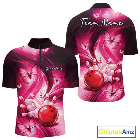 Front and back mens pink bowling quarter-zip mockup featuring a bowling ball striking pins and butterfly graphics.