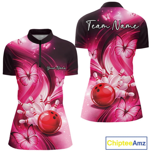 Front and back pink womens bowling quarter-zip featuring a bowling ball knocking down pins with butterfly accents.