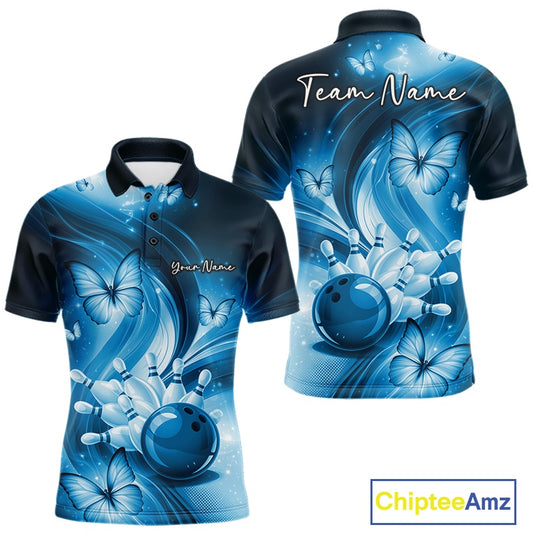 Front and back views of a mens blue bowling polo featuring a bowling ball hitting pins with butterfly graphics.