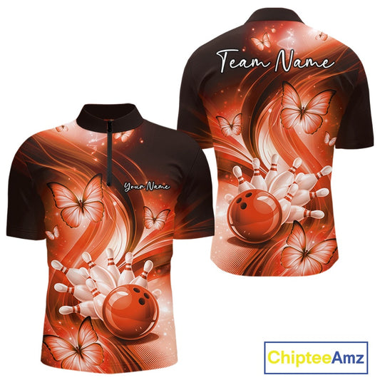 Front and back views of a mens orange bowling quarter-zip mockup featuring a bowling ball striking pins with butterfly accents.