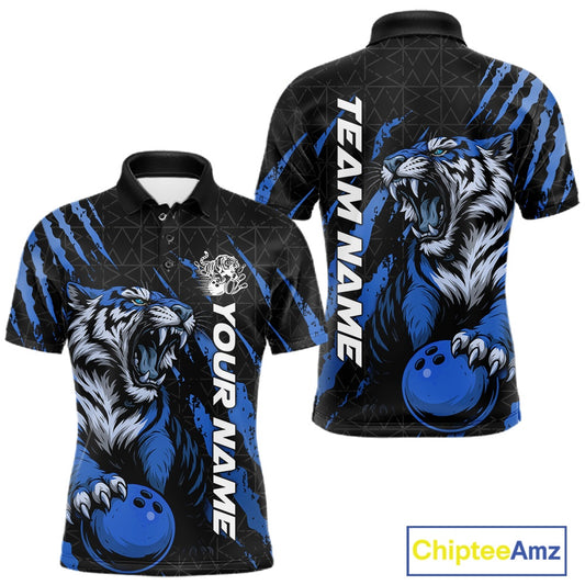 Front and back view of a black and mid blue men's bowling polo shirt showcasing a roaring tiger holding a mid blue bowling ball with matching claw-stripe artwork and a geometric background pattern.