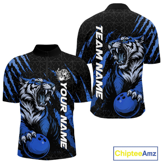 Front and back view of a black and mid blue men's bowling quarter-zip shirt showcasing a roaring tiger holding a mid blue bowling ball with matching claw-stripe artwork and a geometric background pattern.