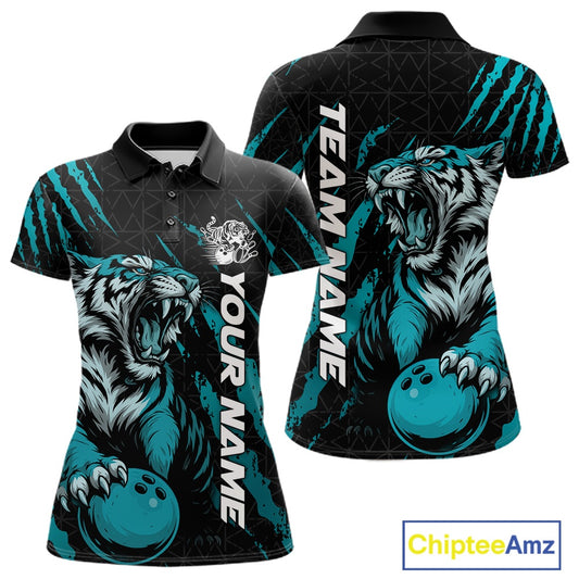 Front and back view of a black and teal blue women's bowling polo shirt featuring a roaring tiger holding a teal blue bowling ball with matching claw-stripe graphics and a geometric background pattern.