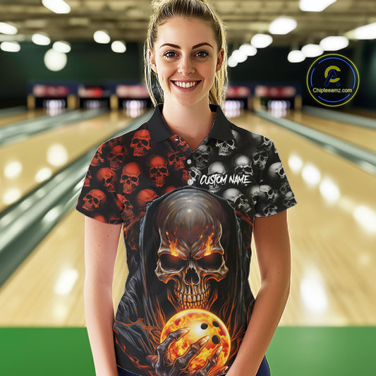 Custom Skull Bowling Womens Polo Shirts Bowling League Team Jerseys Halloween Outfits IPHW5346