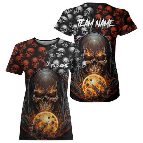 Custom Skull Bowling Womens T-Shirts Bowling League Team Jerseys Bowling Halloween Outfits IPHW5346