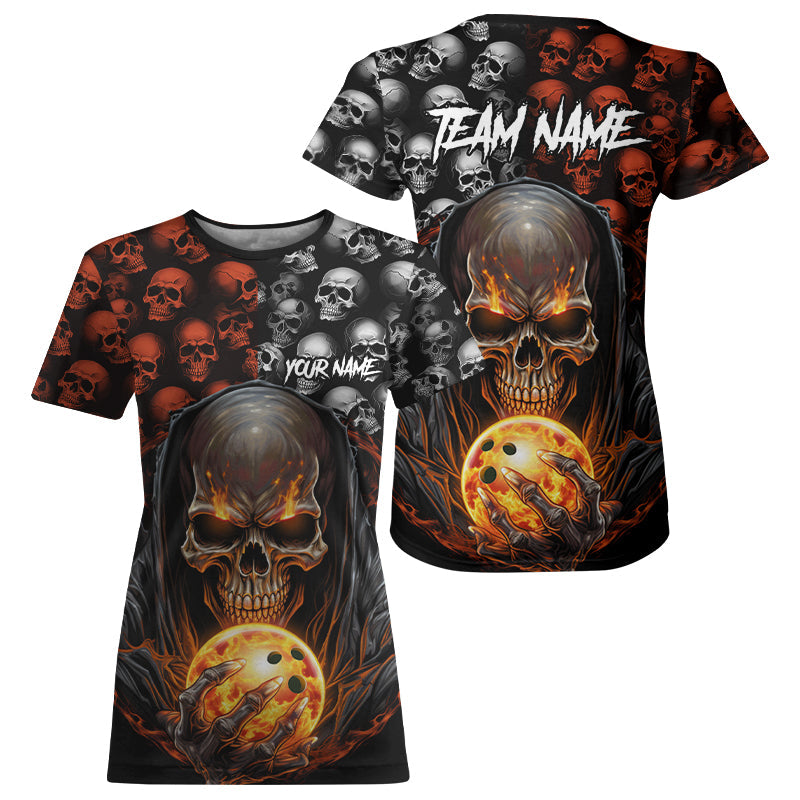 Custom Skull Bowling Womens T-Shirts Bowling League Team Jerseys Bowling Halloween Outfits IPHW5346