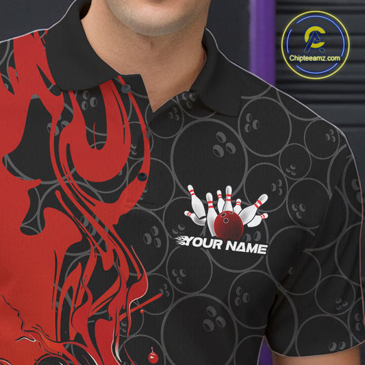 Custom Red Orange Fire Flame Bowling Team Men Polo Shirts, Bowling League Shirt IPHW10184