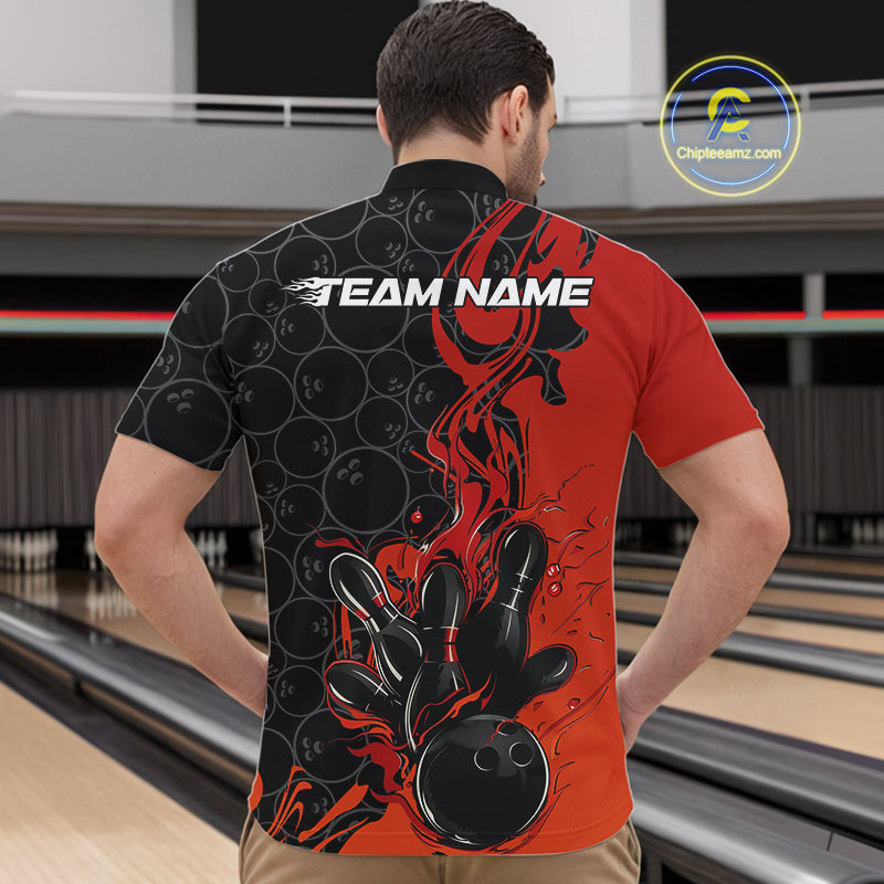 Custom Red Orange Fire Flame Bowling Team Men Quarter-Zip Shirts, Bowling League Shirt IPHW10184