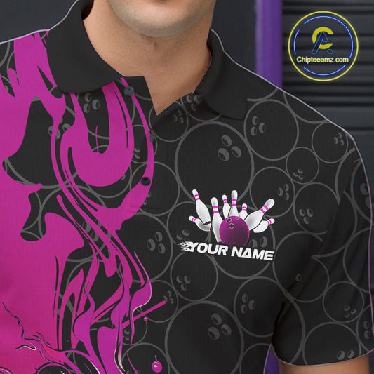 Custom Pink Purple Fire Flame Bowling Team Men Polo Shirts, Bowling League Shirt IPHW10187