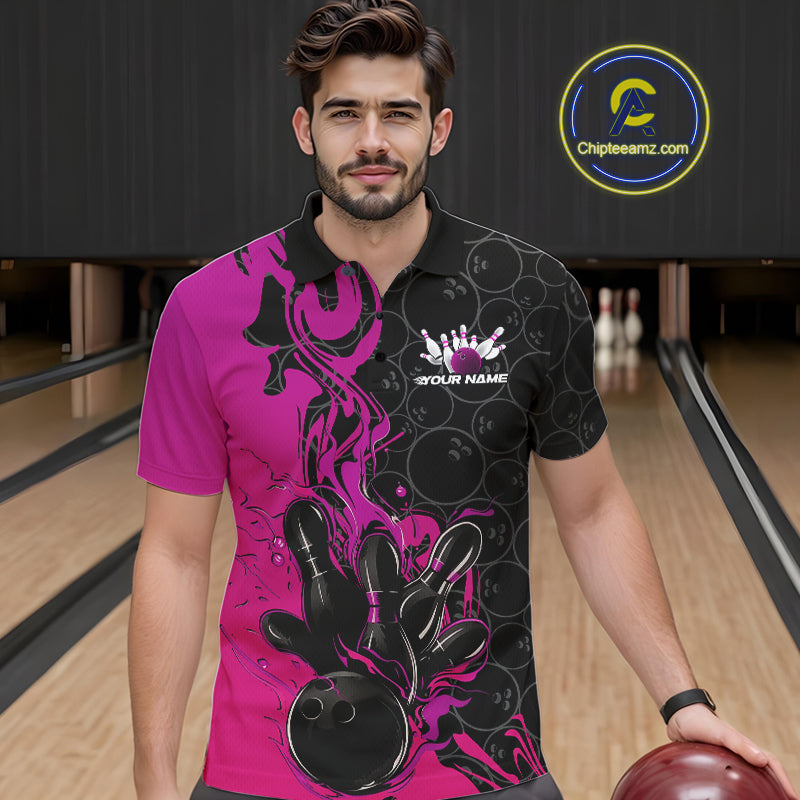 Custom Pink Purple Fire Flame Bowling Team Men Polo Shirts, Bowling League Shirt IPHW10187