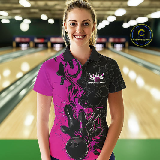 Custom Pink Purple Fire Flame Bowling Team Women Polo Shirts, Bowling League Shirt IPHW10187