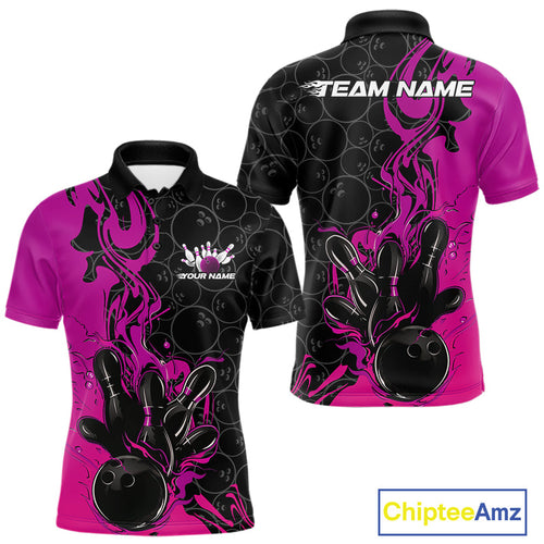 Custom Pink Purple Fire Flame Bowling Team Men Polo Shirts, Bowling League Shirt IPHW10187