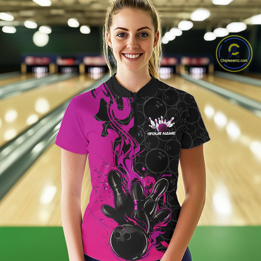 Custom Pink Purple Fire Flame Bowling Team Women Quarter-Zip Shirt, Bowling League Shirt IPHW10187